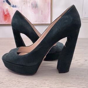 Prada Hunter Green Suede Open Peep Toe Platform Hell Size 6.5
